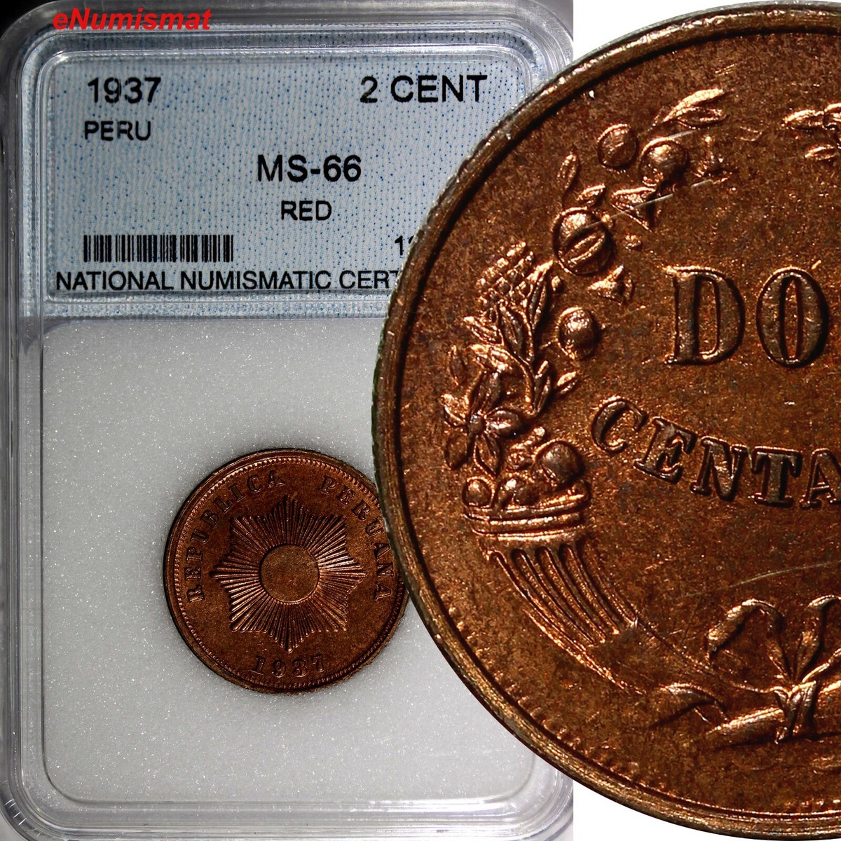 Peru 1937 2 Centavos MS66 RED Nice Toning Low Mintage