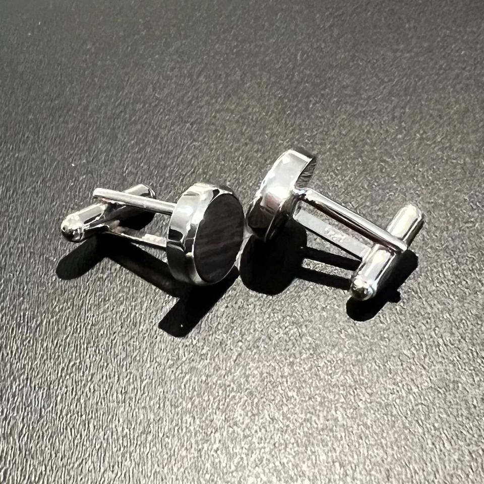 925 Sterling Silver Bevel Edge Round Black Wood Cufflinks In Box Men Cufflinks - Image 4 of 4