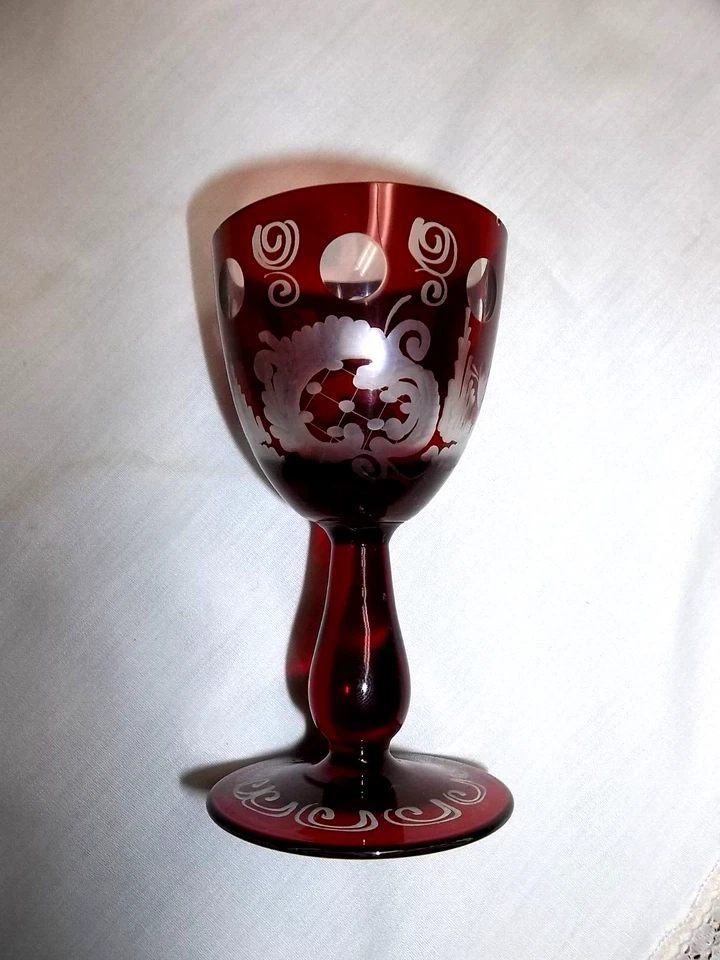 BOHEMIAN DECANTER & CORDIAL WINE GLASSES  RED RUBY CUT TO CLEAR 6 PC - Image 3 of 4