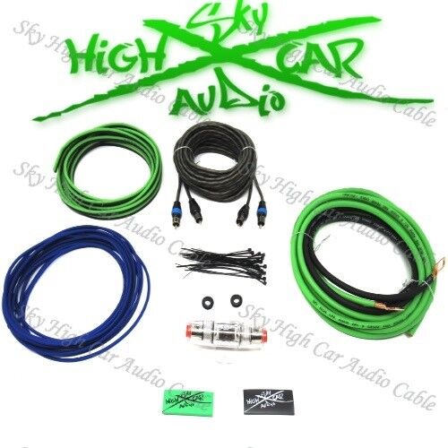 Oversized 8 Ga OFC Amp Kit Twisted RCA Green Black Complete Sky High Car Audio - Afbeelding 1 van 2