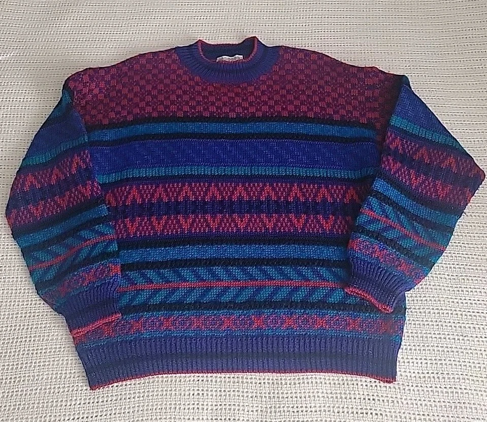 Vintage Nomadic Traders Sweater-Adult Med-Lg-100% Wool-Knit Colorful Checkered - Image 2 of 4