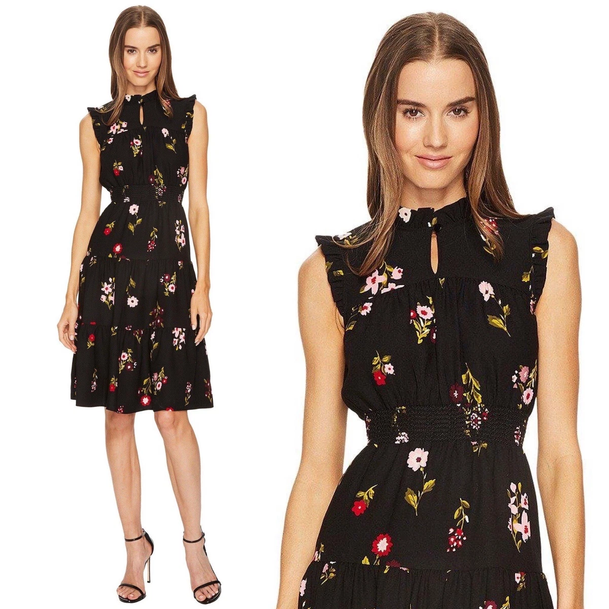 Kate Spade In Bloom Smocked Waist Black Floral Knee Length Dress Womens  Size XS