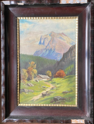 Oil Painting Mountain Landscape With Tannenwälder And Lonely Hut Saddle Green