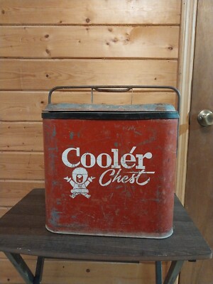 Vintage Eskimo Cooler Chest Red w Lid, Tray, Bottle Opener Metal Ice Box