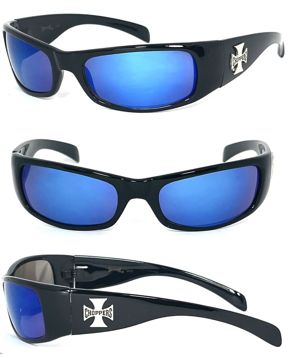 pri  Choppers Biker Men UV400 Sunglasses Black Frame Blue Flash Mirror