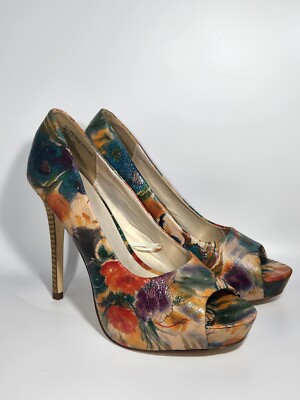 Torta Caliente TROPIC Floral Peep Toe Stacked Stietto Heel Platform Shoe Sz  10 M