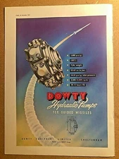 1957 Aircraft Advert DOWTY HYDRAULIC PUMPS FOR GUIDED MISSILES EQUIPMENT GROUP
