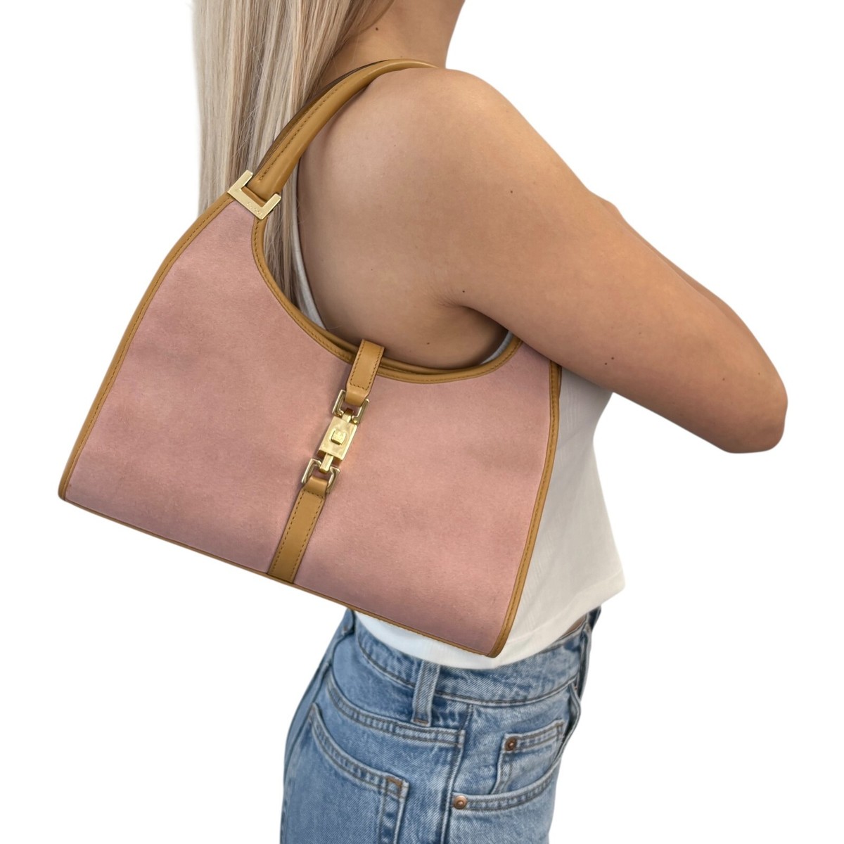 GUCCI Vintage Logo Jackie Shoulder Bag Light Pink Camel Gold