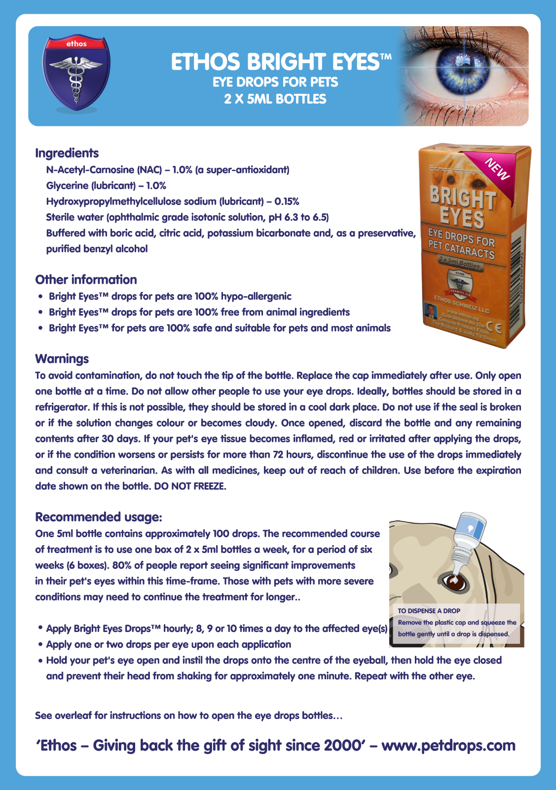 ETHOS BRIGHT EYES PETS NAC Cataract Eye Drops 1 Box 10ml FREE WORLDWIDE
