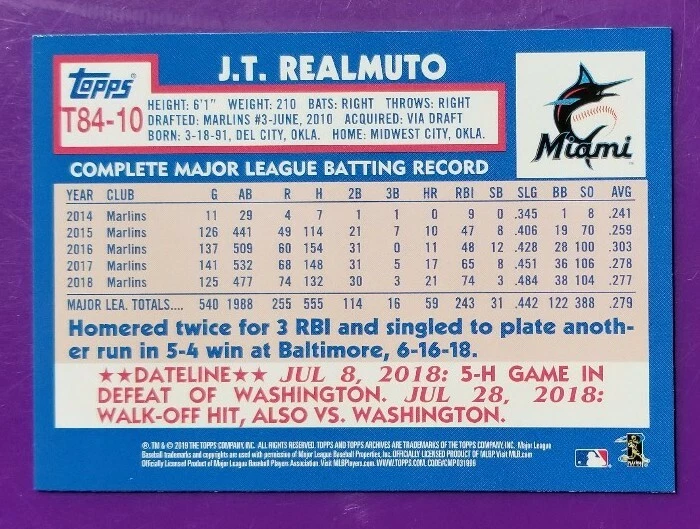 2019 Topps Series 1 1984 Topps Baseball #T84-10 J.T. Realmuto Miami Marlins - Image 2 of 2