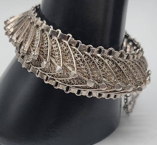 Vintage Mexican Sterling Silver Bracelet 7" Filigree Leaf Panels Unique 77g 925 - Picture 3 of 21