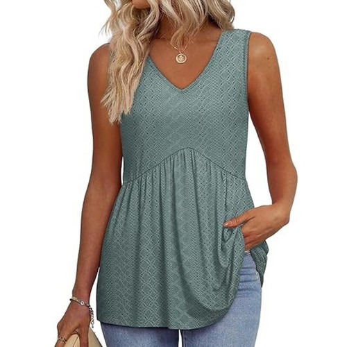 Women Sleeveless Ruffle Flare Flowy Tunics Shirt V-Neck Eyelet Babydoll Tank Top - Picture 26 of 48