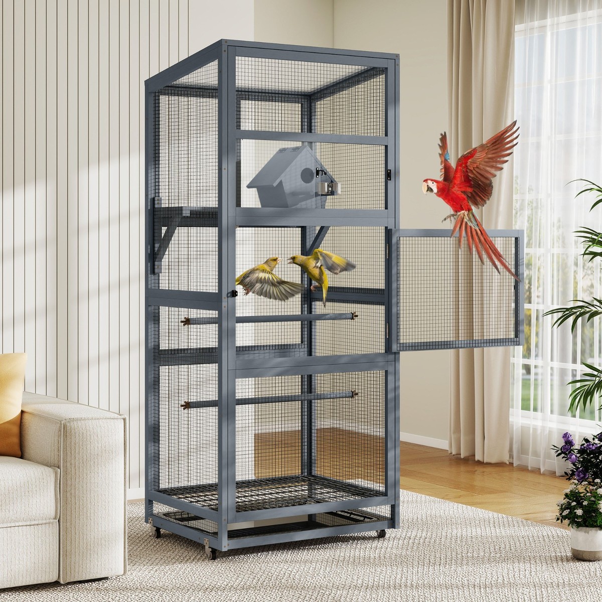 Wooden Bird Cage Outdoor Large Bird Aviary w/Slide-Out Tray for
