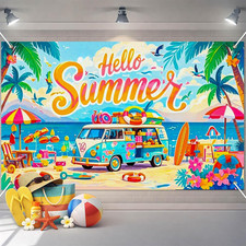Hello Summer Banner 71X43 Inches Summer Party Decorations Backdrop Beach Party D