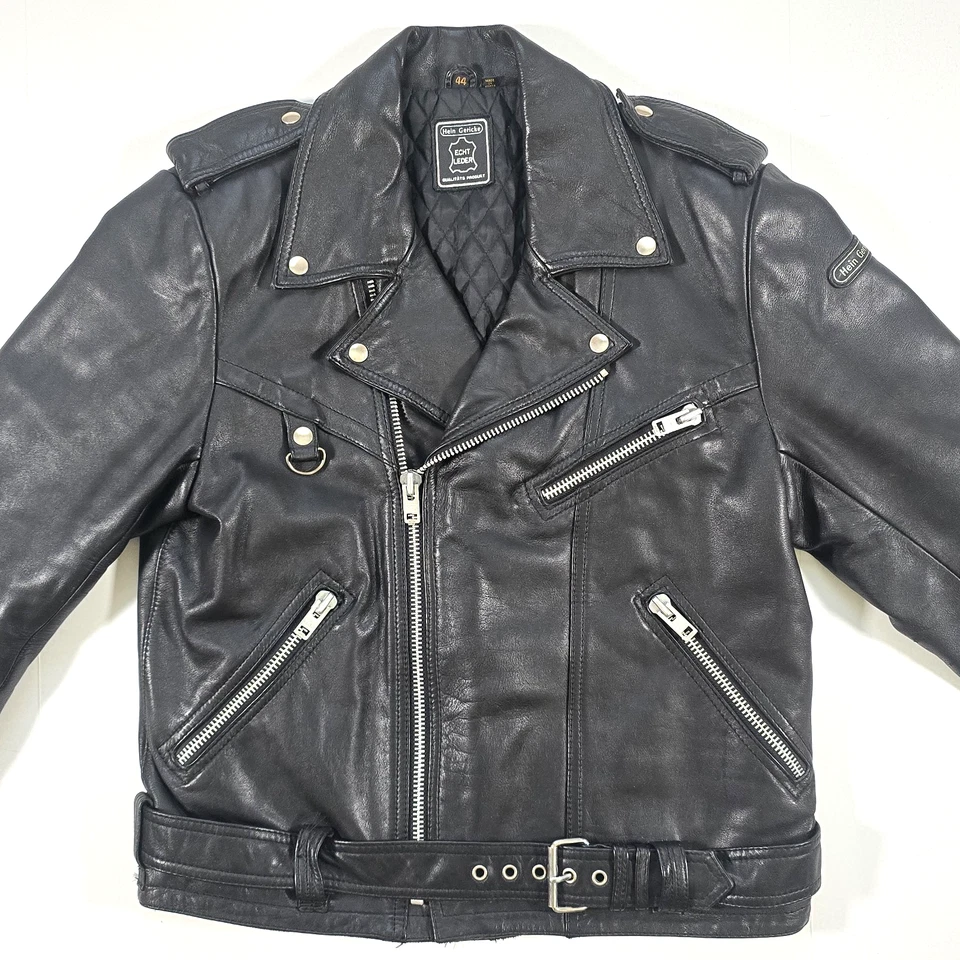 HEIN GERICKE BLACK LEATHER MOTORCYCLE JACKET Sz 44 ZIP QUILTED LINED VTG 80's - Image 2 of 4