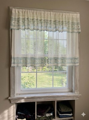 Vintage Sheer Crocheted Floral Curtain Tiered  White/Blue Rod Pocket Classic