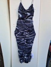 Asos Design Cami Strappy Midi Dress W/h Ruched Detail In Black/ Grey Marble Prin