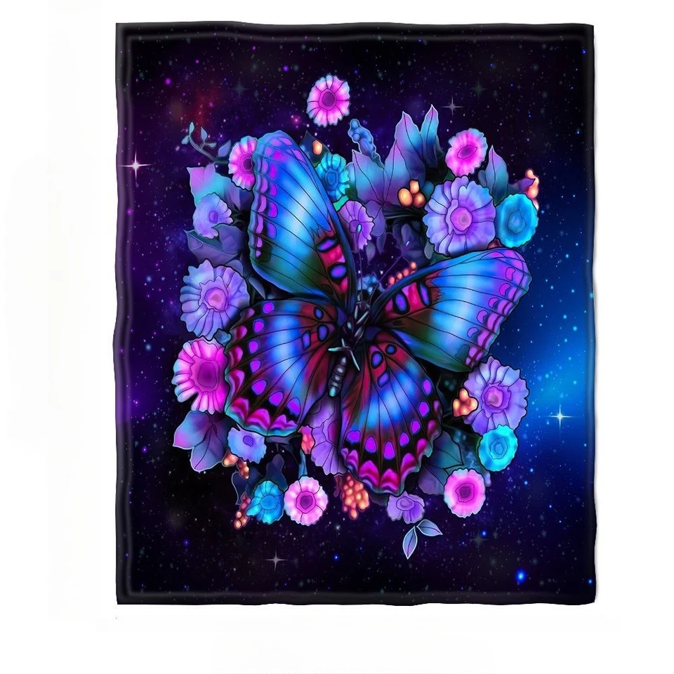 Geometric Butterfly and Purple Flowers Digital Print Flannel Throw Blanket Cozy - Image 3 of 4