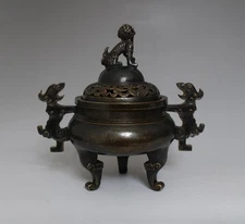 Old Chinese Bronze Incense Burner Kylin Yunshang MK
