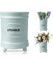 French Blue Ceramic Utensil Holder - Vintage Style Kitchen Utensil Caddy - An...