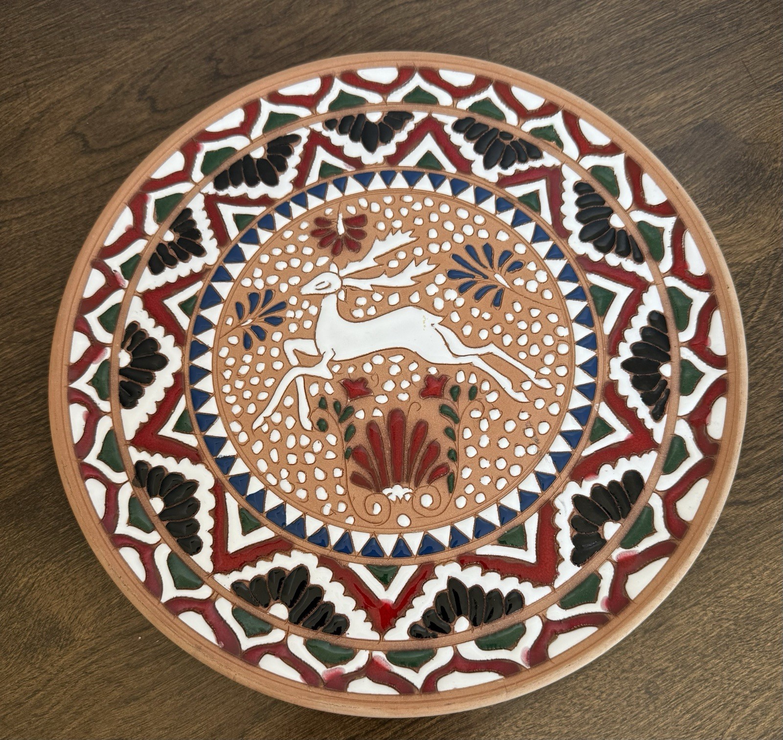 Vintage Art Pottery Redware Plate Hand Painted Pattern Signed Apollo Rodos