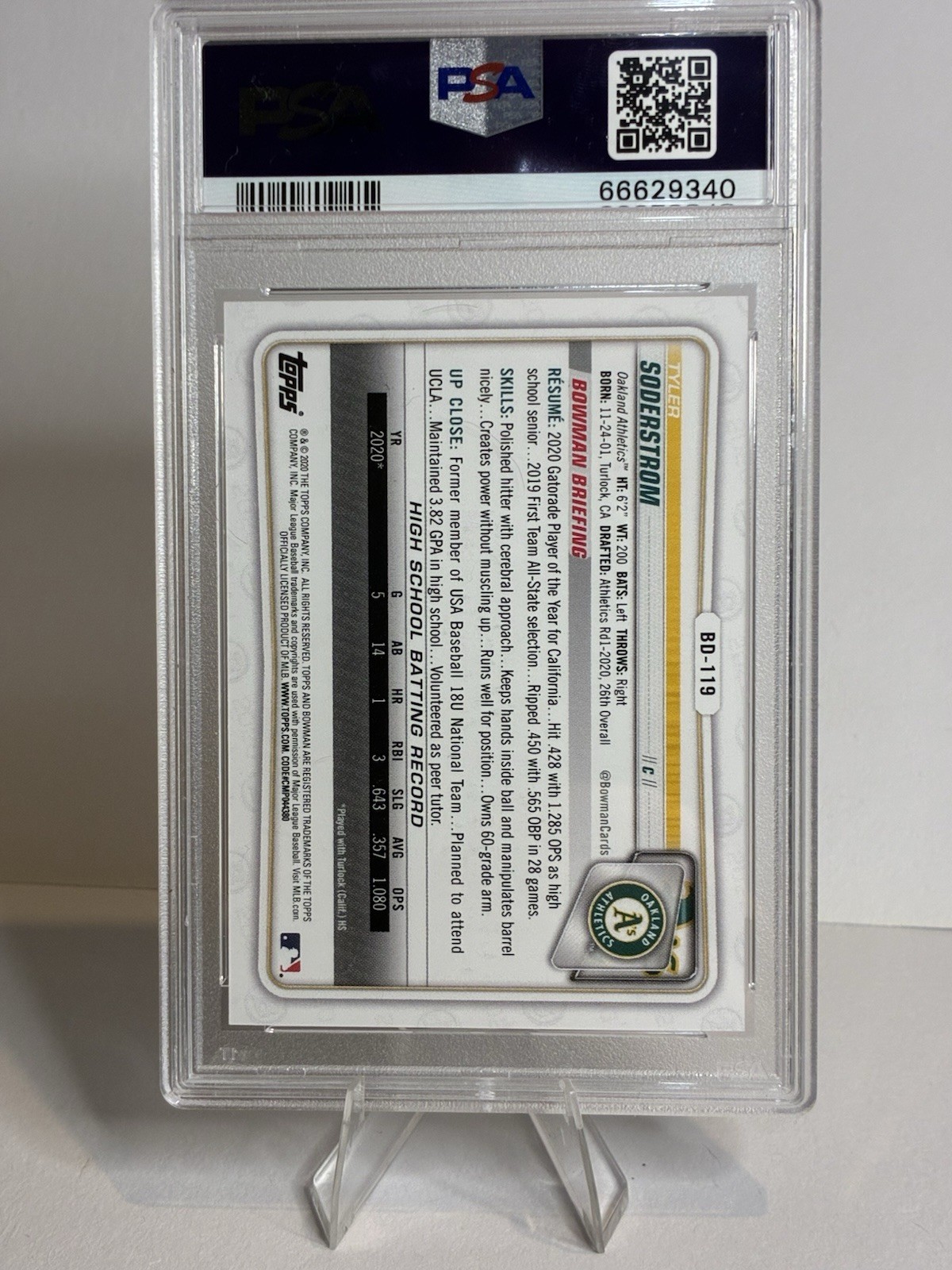 2020 Bowman Draft Tyler Soderstrom #BD-119 1st Edition PSA 10 view 2
