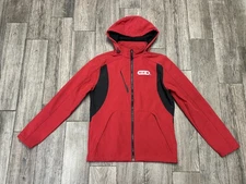 H-E-B Jacket Mens Medium Red Black Hooded Softshell Fleece Lined Full Zip Logo