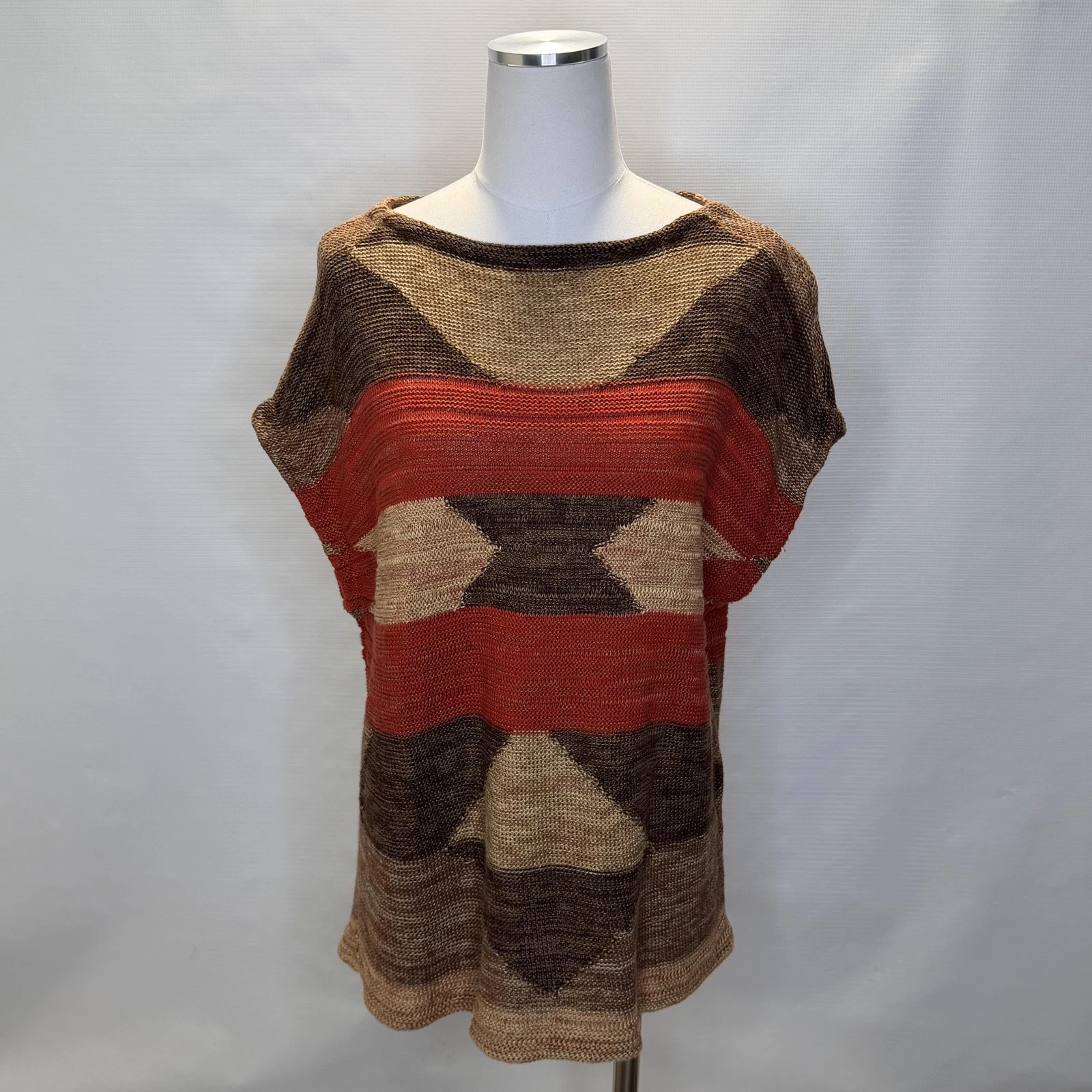 Lauren Ralph Lauren Sweater Knit Womens S/M Brown Red Linen Poncho Tunic Aztec