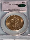 PCGS MS65 1946-D Walking Liberty Half Dollar, Graded, SILVER 90%