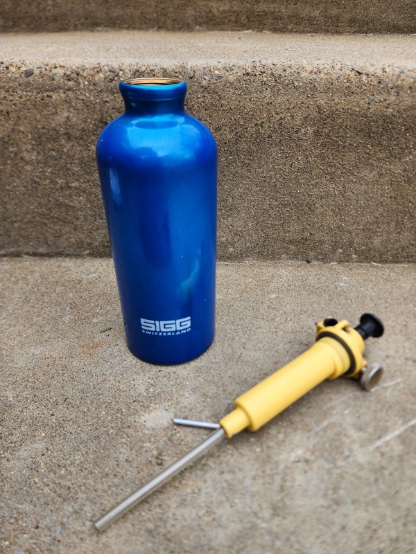 Vintage MSR Pump And Blue SIGG Switzerland Fuel Bottle - No Lid