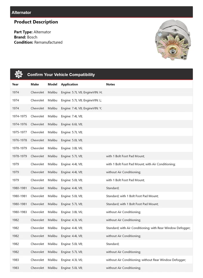 For 1974-1983 Chevrolet Malibu Bosch Alternator (Remanufactured) 1975 1976 1977 - Image 2 of 4