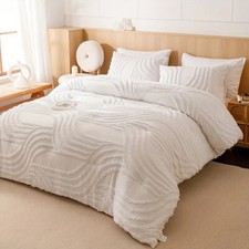 White Cotton Abstract Wave Tufted Duvet Cover, 3 pcs Soft and Stylish Comforter,