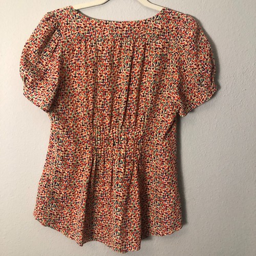 Rebecca Taylor 100% Silk Blouse size 10 Tan Red Blue Ditsy Floral Short Sleeve - Picture 4 of 10