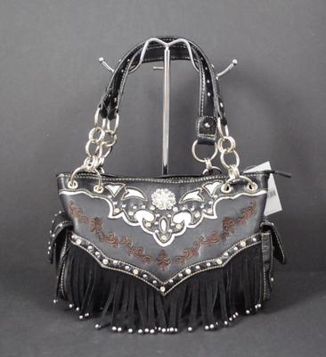 Heritage West Black Silver Fringe Rhinestone Concho Stud Tote Shoulder Handbag