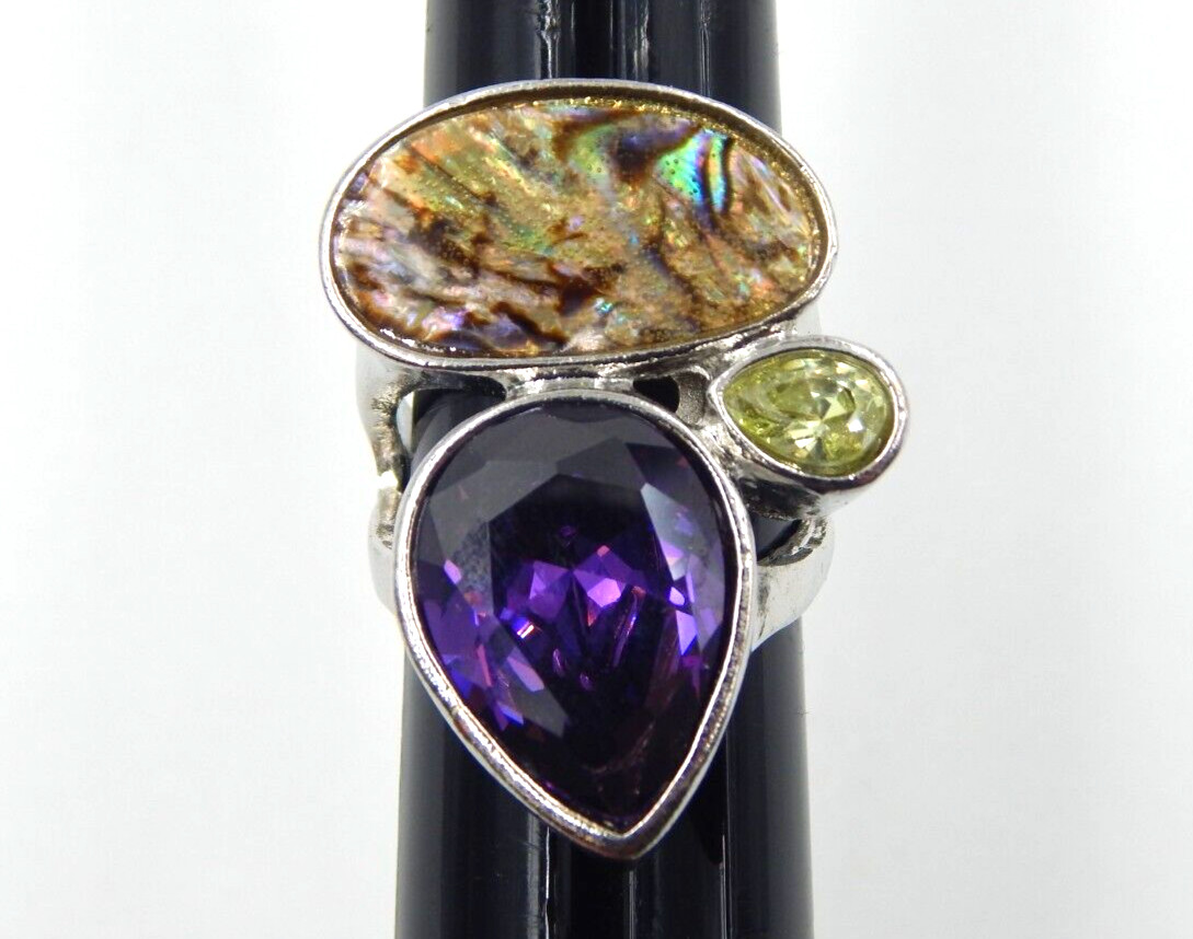 Silver Tone Statement Ring with Amethyst Abalone … - image 1