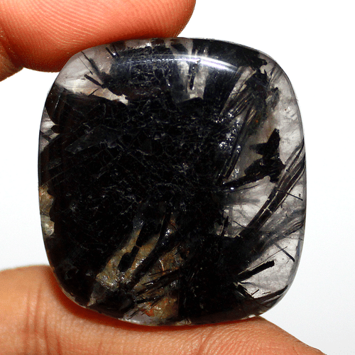 86 Cts Natural Negro Turmalina Rutilo Cuarzo 36x33mm Cojín Cabujón Piedra Preciosa - Imagen 7 de 8