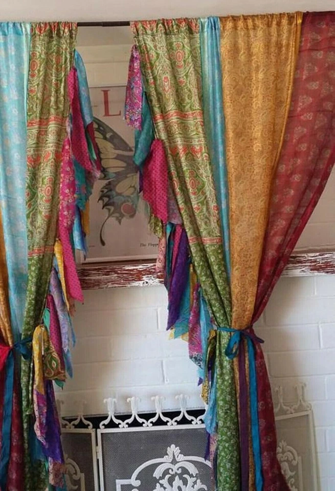 2 Piezas Cortina Sari Indio Patchwork Cortina Decoración Ventana Multi Seda Sari Cortina Foto 4 de 4
