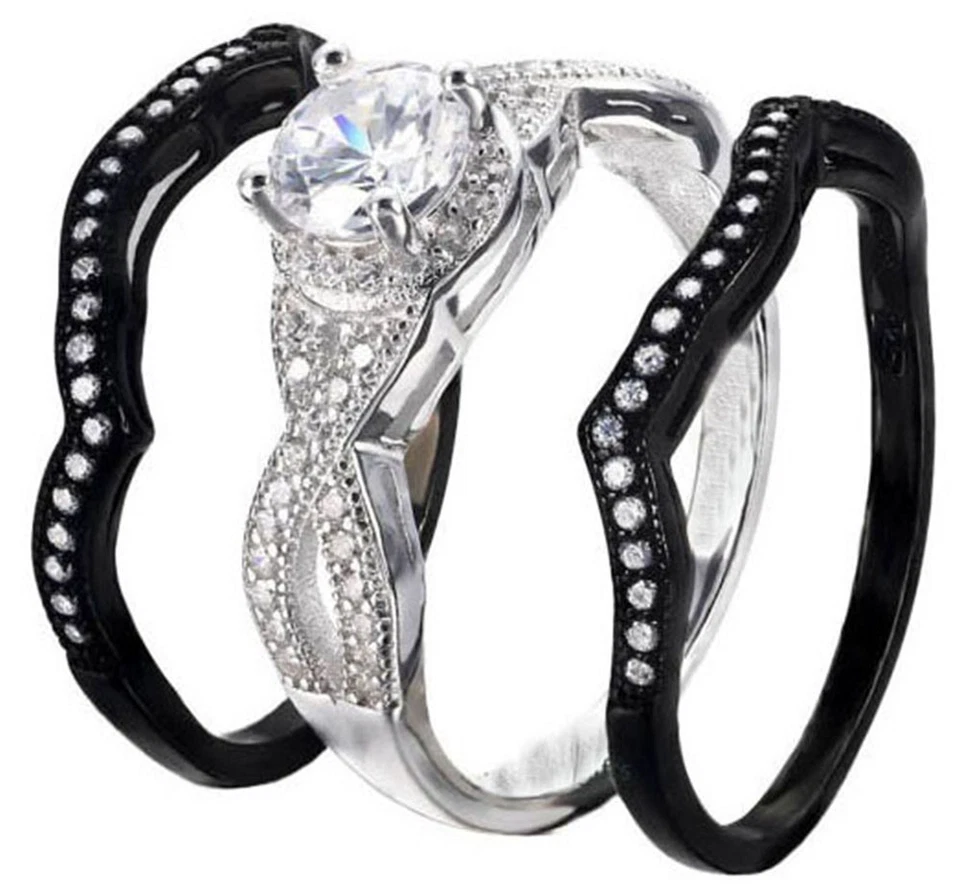 Silver ring  set of 3 pc Real 925 Sterling weddings black stones Women Band - Image 4 of 4