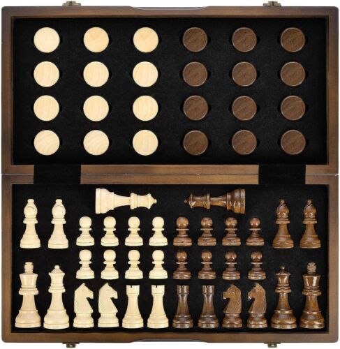 Magnetic Wooden Chess and Checkers Game Set, 15 Inches (2 in 1) Chess Board Game