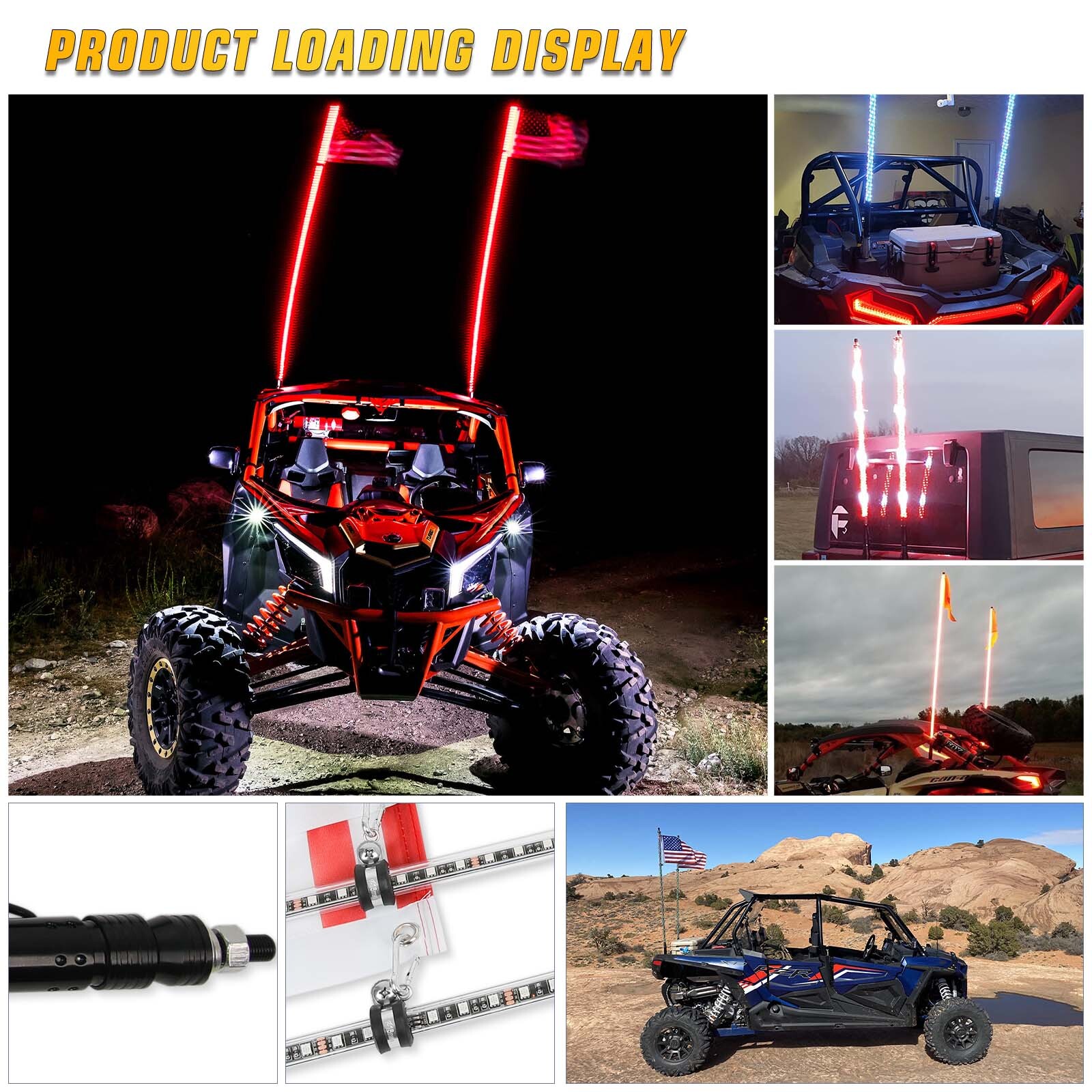 ATV UTV 2PC 4FT RGB LED Whip Light Antenna Chase For Polaris RZR XP ...