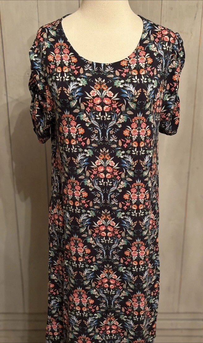 VETEMENTS Abito LOFT Shift nero floreale maglia manica corta increspata girocollo rayon taglia M