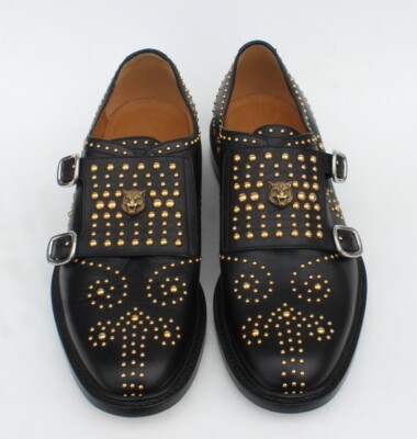 靴 archive GUCCI Leather Double Monk Shoes GUCCI Double Monk Feline Tiger Motif Gold Studded Queercore Black