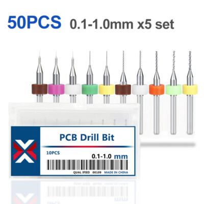 50pcs PCB Drill Bits Set Spiral Flute Carbide 0.1-1.0mm for Print Circuit Board