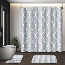 Geometric Grey Shower Curtain Set with Toilet Lid Cover and Non-Slip Rugs, Ab...
