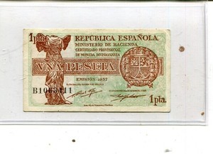 SPAIN BANK NOTE CIVIL WAR 1937 1 PESETA XF NR 7.25