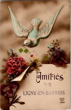 Dove w/ Letter Pretty Flowers Greetings from Ligny-en-Barrois France Postcard