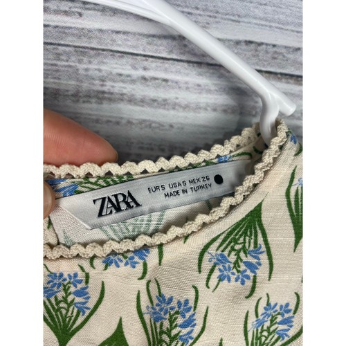 Zara Sophia Crop Top Linen Open Tie Back Puff Sleeve Small Cream Floral Boho - Picture 4 of 9