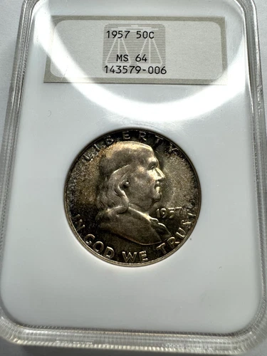 1957 FRANKLIN SILVER HALF DOLLAR NGC MS 64, Old Holder, Beautiful Toner