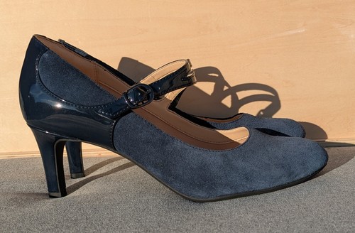 CLARKS DANCER REECE LADIES NAVY SUEDE/LEATHER MID HEEL MARY JANE SHOES UK SIZE 7 - Picture 8 of 13