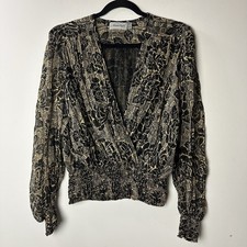 Vtg Adrianna Papell 100 Silk Blouse Gold Black Floral Top Sheer 80s 90s Glam 6